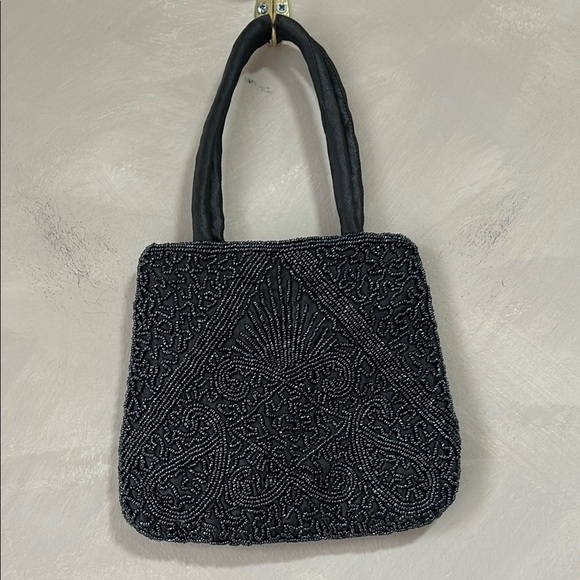 Beaded embroidered purse clutch bag, navy blue party accessory wedding event - Picture 1 of 5